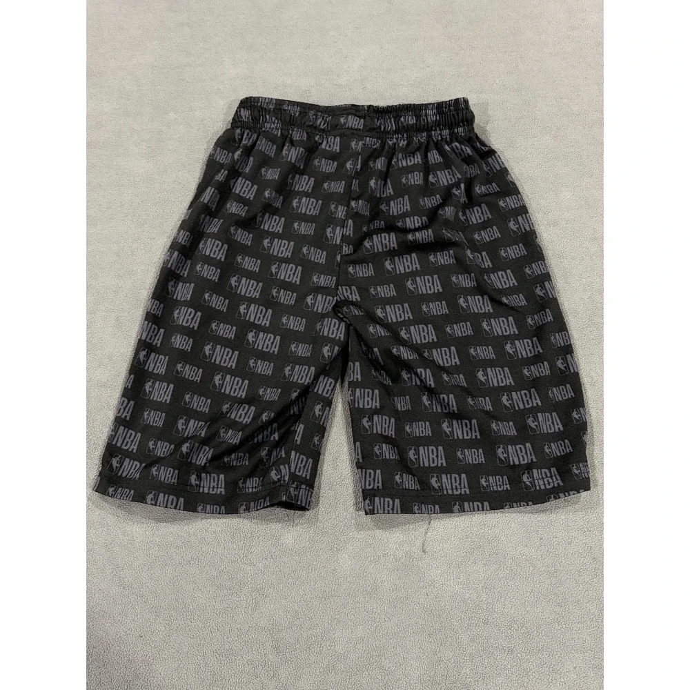 NBA Basketball Shorts Boys L (14-16) Gray Black Logo Allover Print Drawstring